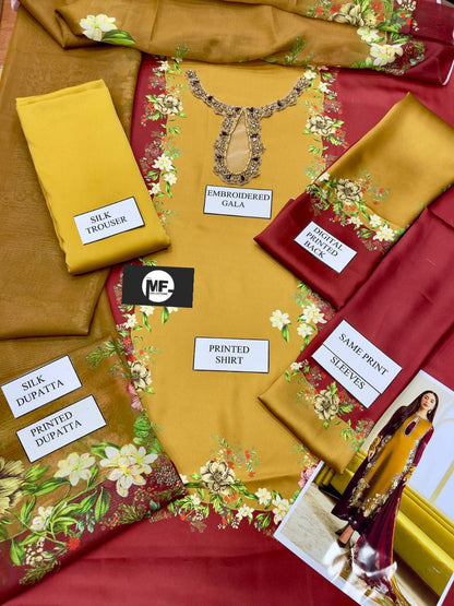 Lulusar Maroon & Gold Silk Embroidery Hand Work 3pc