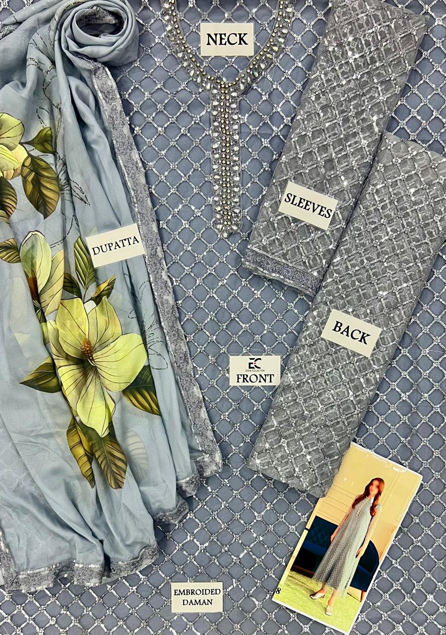 Lulusar Gray Soft Net Embroidery Luxury Collection 3piece Unstitched