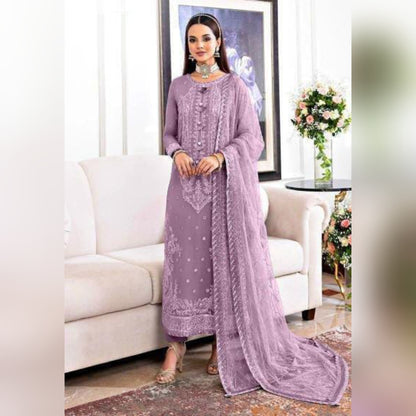 A.J Purple Jhilmil Semi Pure Chiffon Embroidery 3piece Unstitched