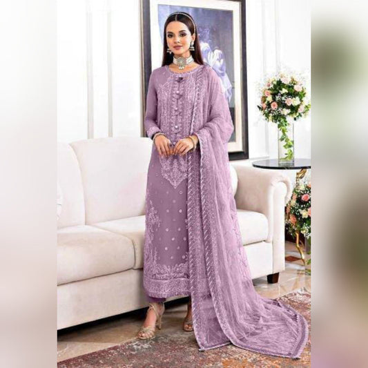 A.J Purple Jhilmil Semi Pure Chiffon Embroidery 3piece Unstitched