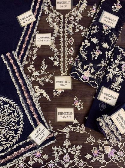 Zainab Fawad Zuri Blue Organza Embroidery 3piece Unstitched