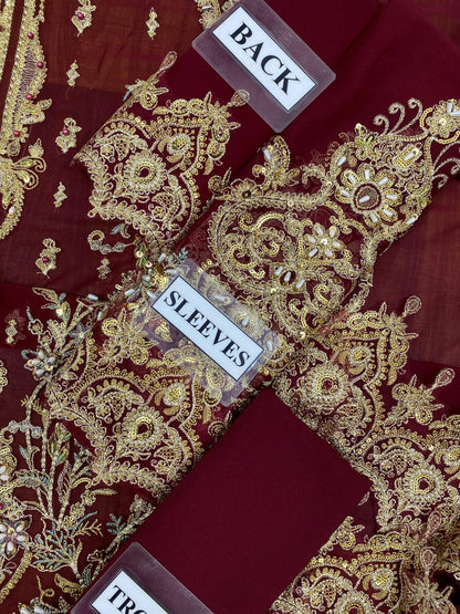 Charizma Maroon Chiffon Hand Work Formal Collection 3pc Unstitched