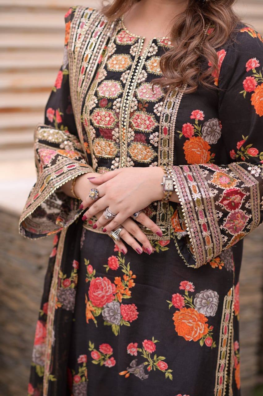 Aneelas Silk Digital Black Multi Embroidery 3piece Unstitched