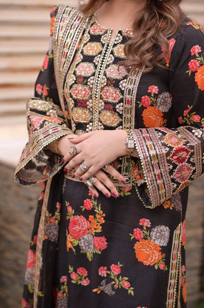 Aneelas Silk Digital Black Multi Embroidery 3piece Unstitched