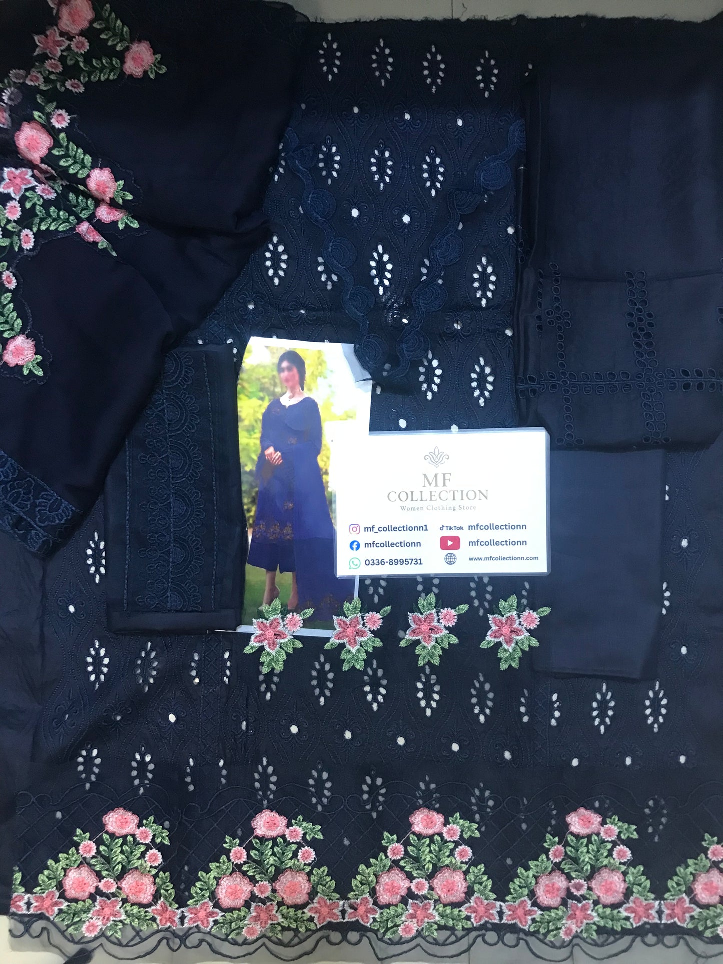 Zarqash Navy Blue Embroidery Lawn Chikankari Dress 3pc Unstitched