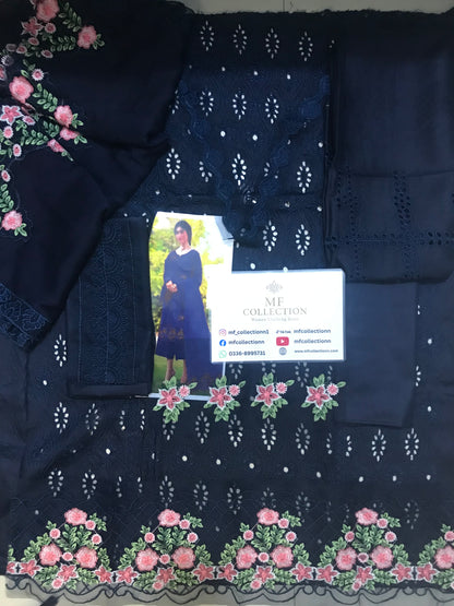 Zarqash Navy Blue Embroidery Lawn Chikankari Dress 3pc Unstitched