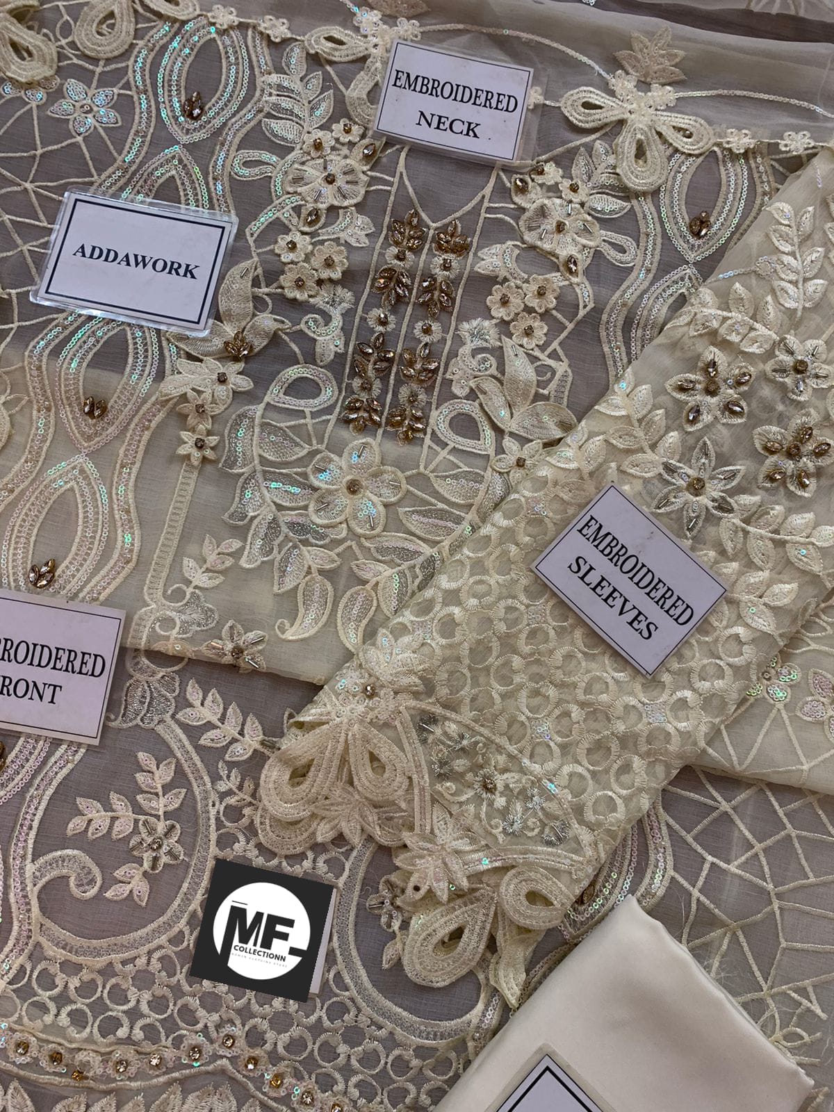 M.B Embroidered Off White Luxury Chiffon Dress 3piece Unstitched