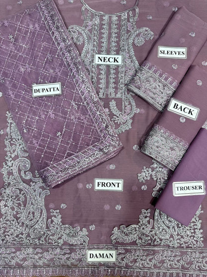 A.J Purple Jhilmil Semi Pure Chiffon Embroidery 3piece Unstitched