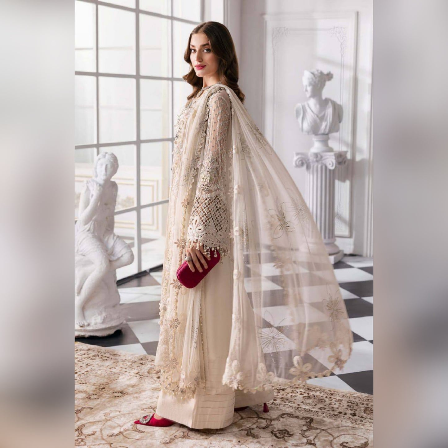 M.B Embroidered Off White Luxury Chiffon Dress 3piece Unstitched