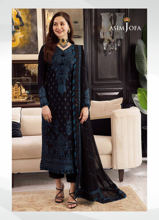 A.J Navy Blue Chiffon Fabric Formal Collection 3pc Unstitched Dress