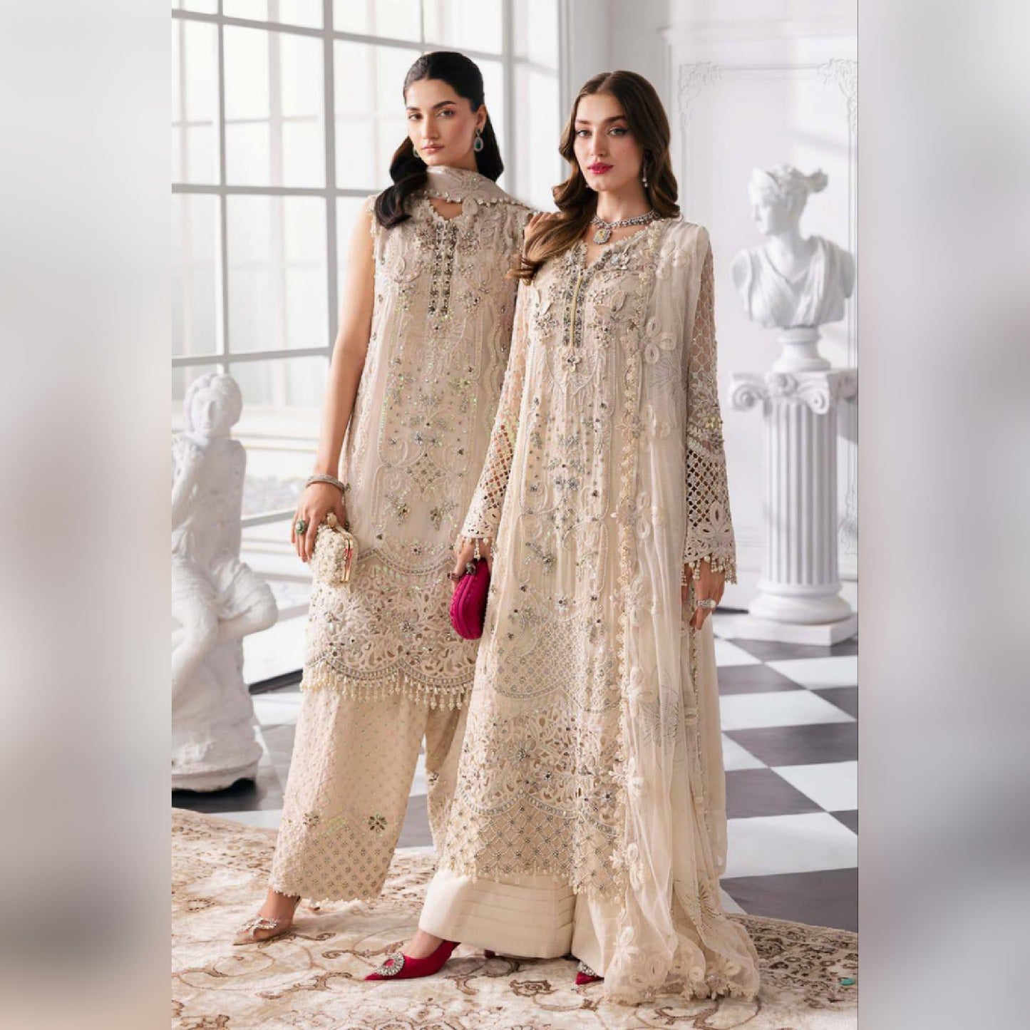 M.B Embroidered Off White Luxury Chiffon Dress 3piece Unstitched