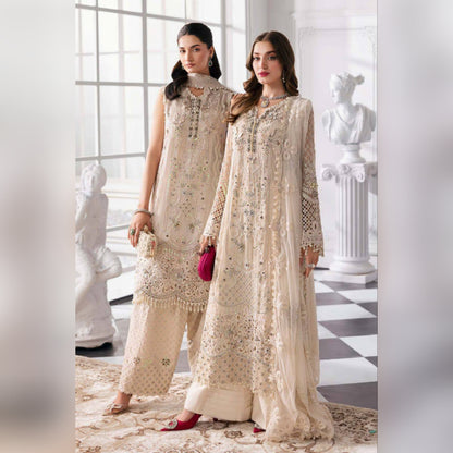 M.B Embroidered Off White Luxury Chiffon Dress 3piece Unstitched