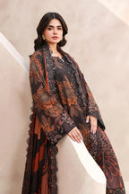 Elegant black and rust floral printed chiffon dress with lace detailing, perfect for festive occasions.