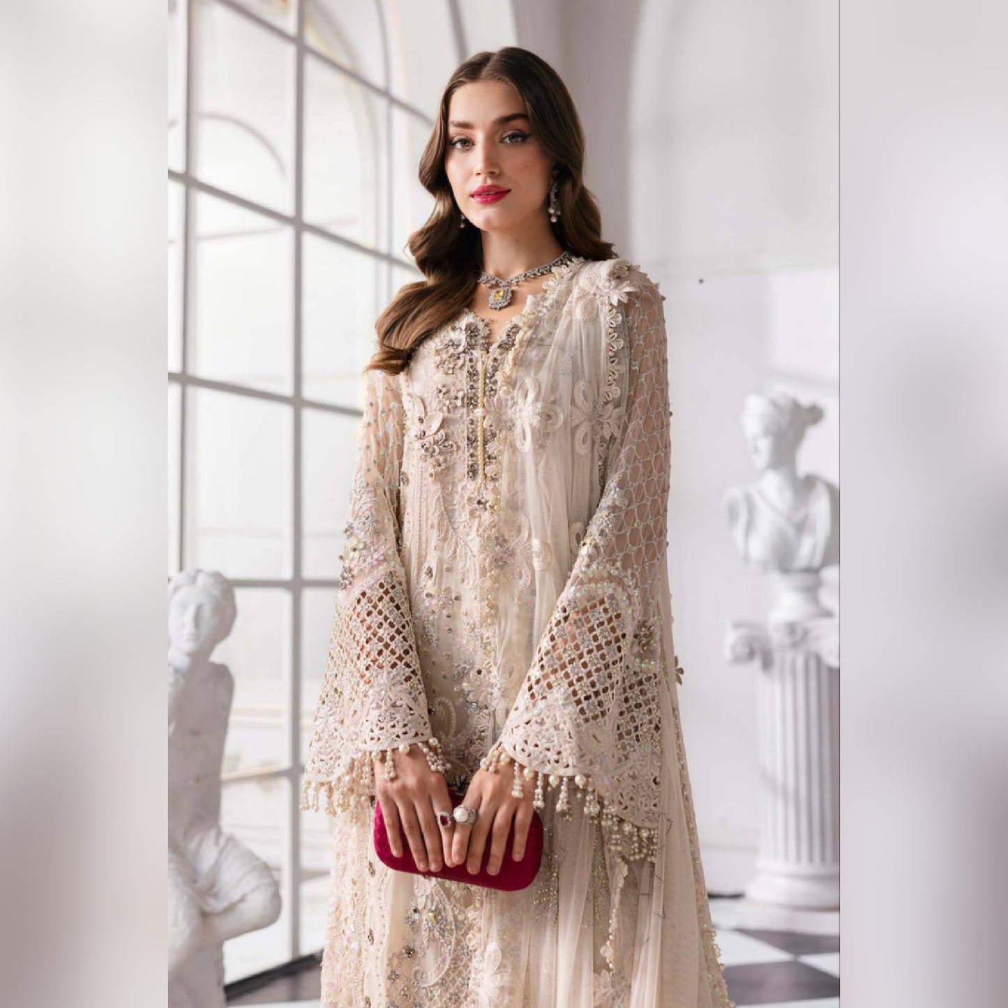 M.B Embroidered Off White Luxury Chiffon Dress 3piece Unstitched