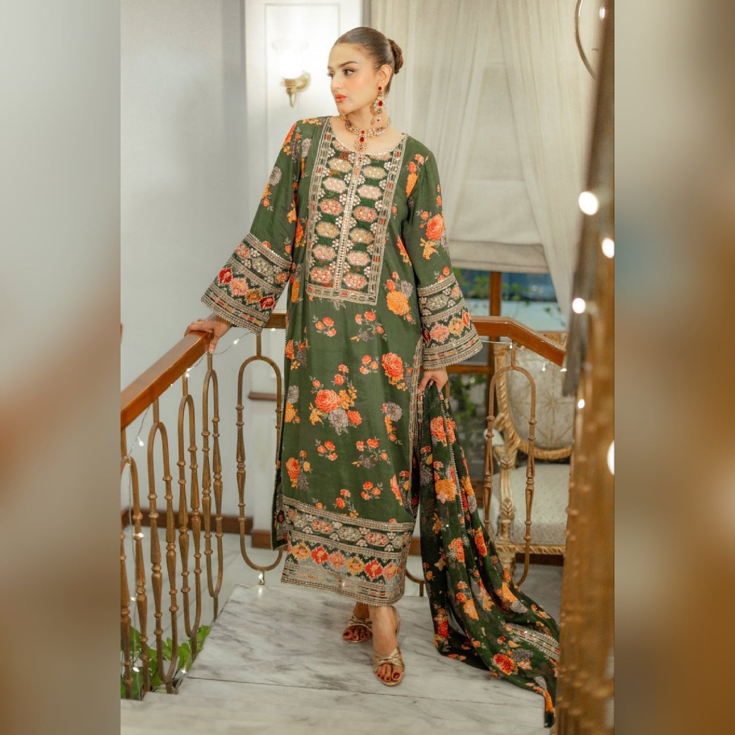 Aneelas Silk Digital Green Multi Embroidery 3piece Unstitched