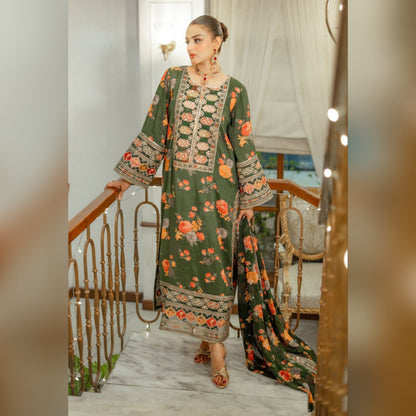 Aneelas Silk Digital Green Multi Embroidery 3piece Unstitched