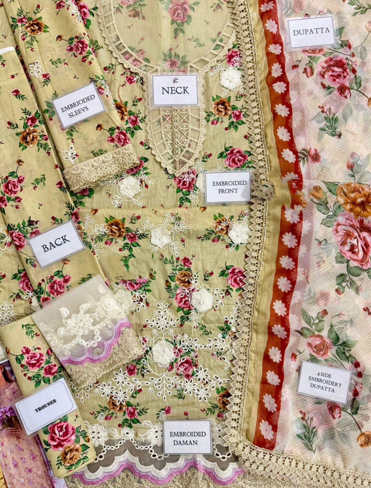 Floral embroidered lawn suit with lace neck, sleeves, front, and 4-side dupatta, labeled for details