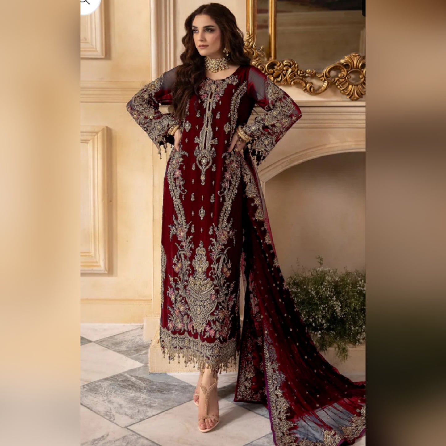 Charizma Maroon Chiffon Hand Work Formal Collection 3pc Unstitched