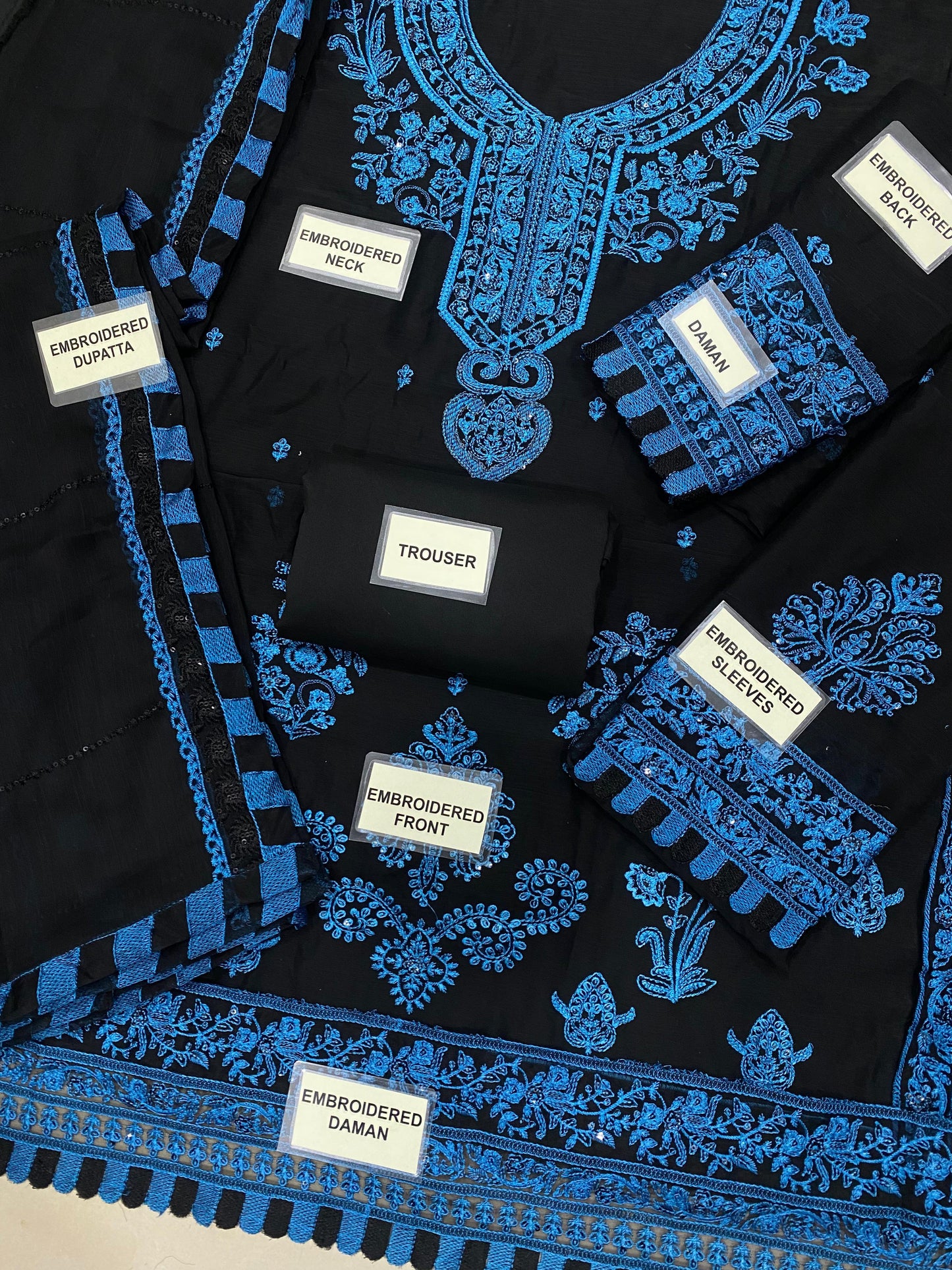 A.J Navy Blue Chiffon Fabric Formal Collection 3pc Unstitched Dress