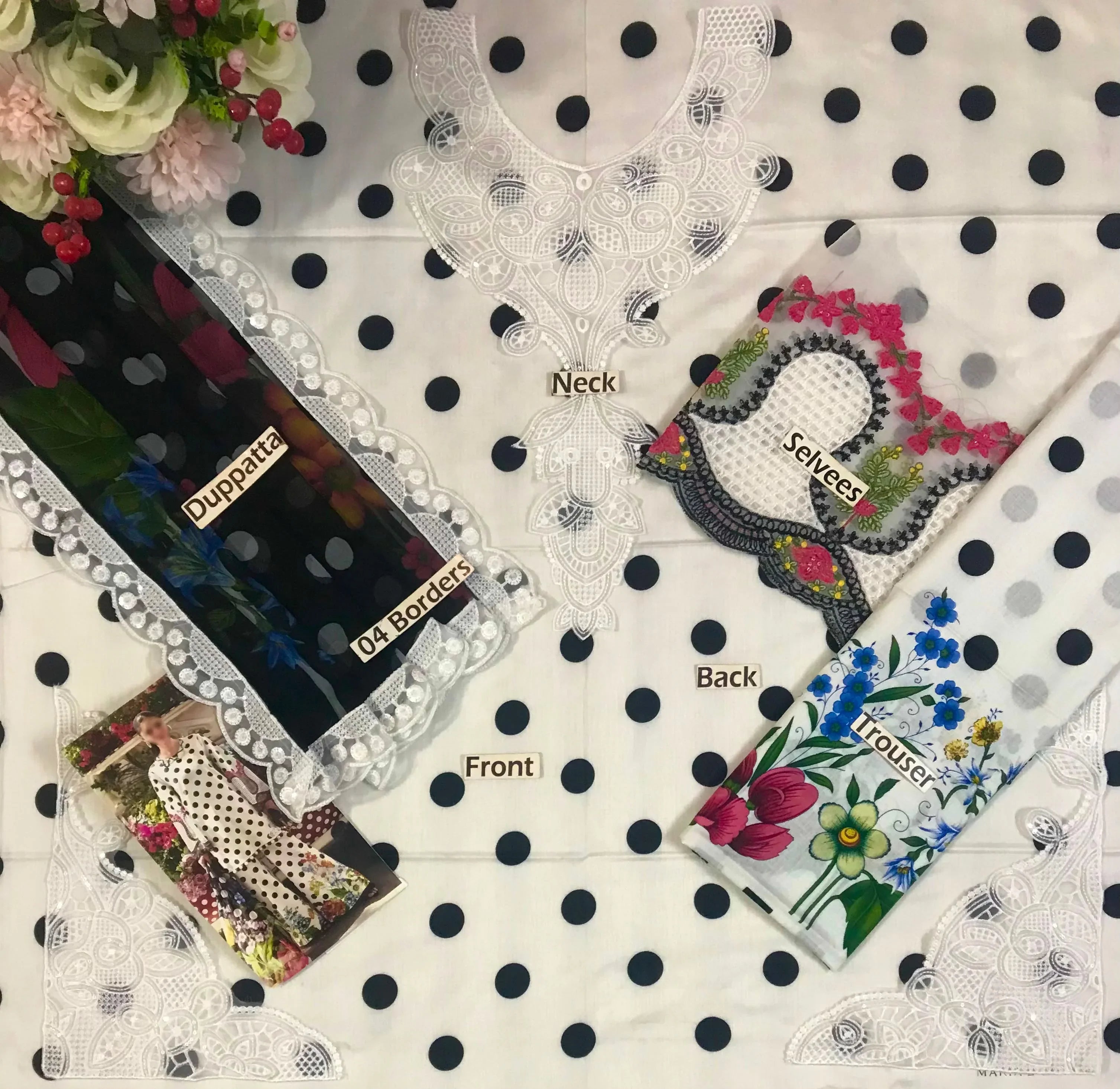 Polka dot saree set with lace neck, floral dupatta, and printed trousers, labeled front, back, sleeves