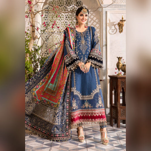 M.B Blue Formal Collection Chiffon Dress 3pc Unstitched