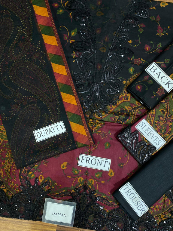 M.B Black & Rust New Arrival Printed Embroidery 3pc Unstitched Dress