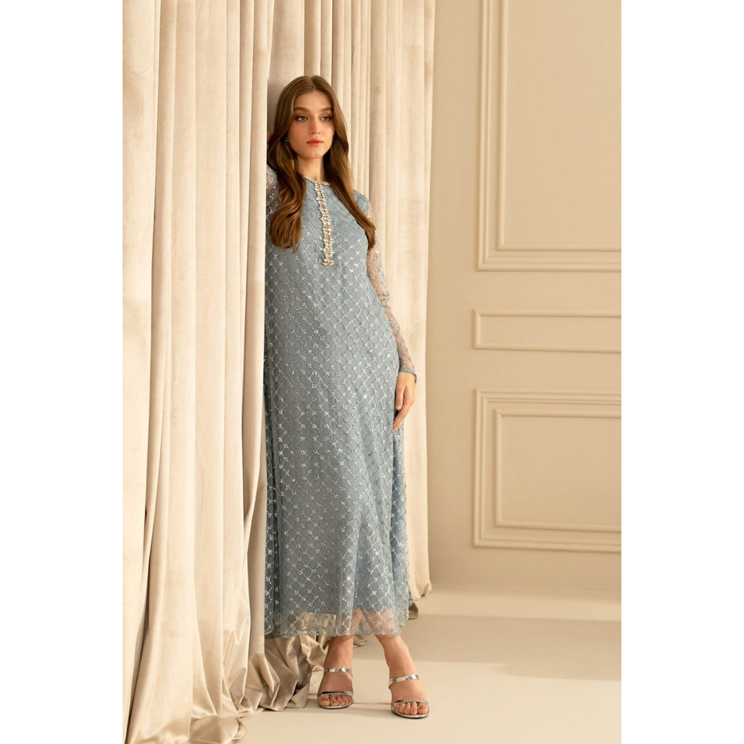 Lulusar Gray Soft Net Embroidery Luxury Collection 3piece Unstitched