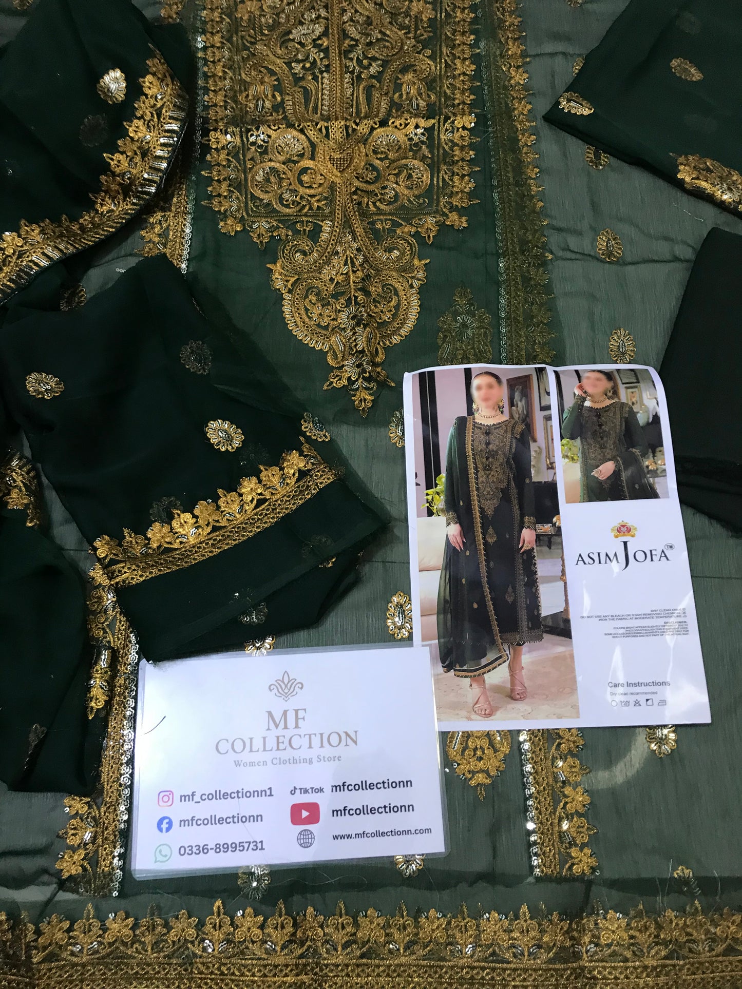 Asim Jofa Bottle Green Chiffon Formal Collection Embroidery Dress 3pc