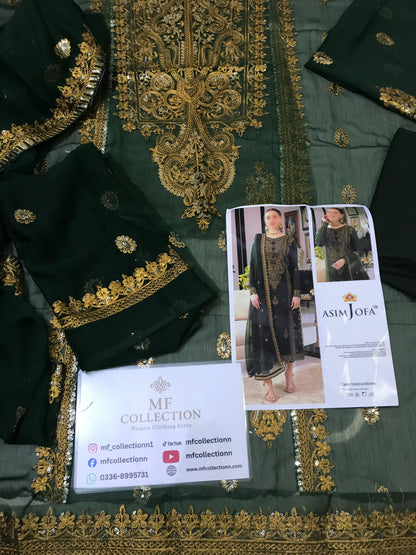 Asim Jofa Bottle Green Chiffon Formal Collection Embroidery Dress 3pc