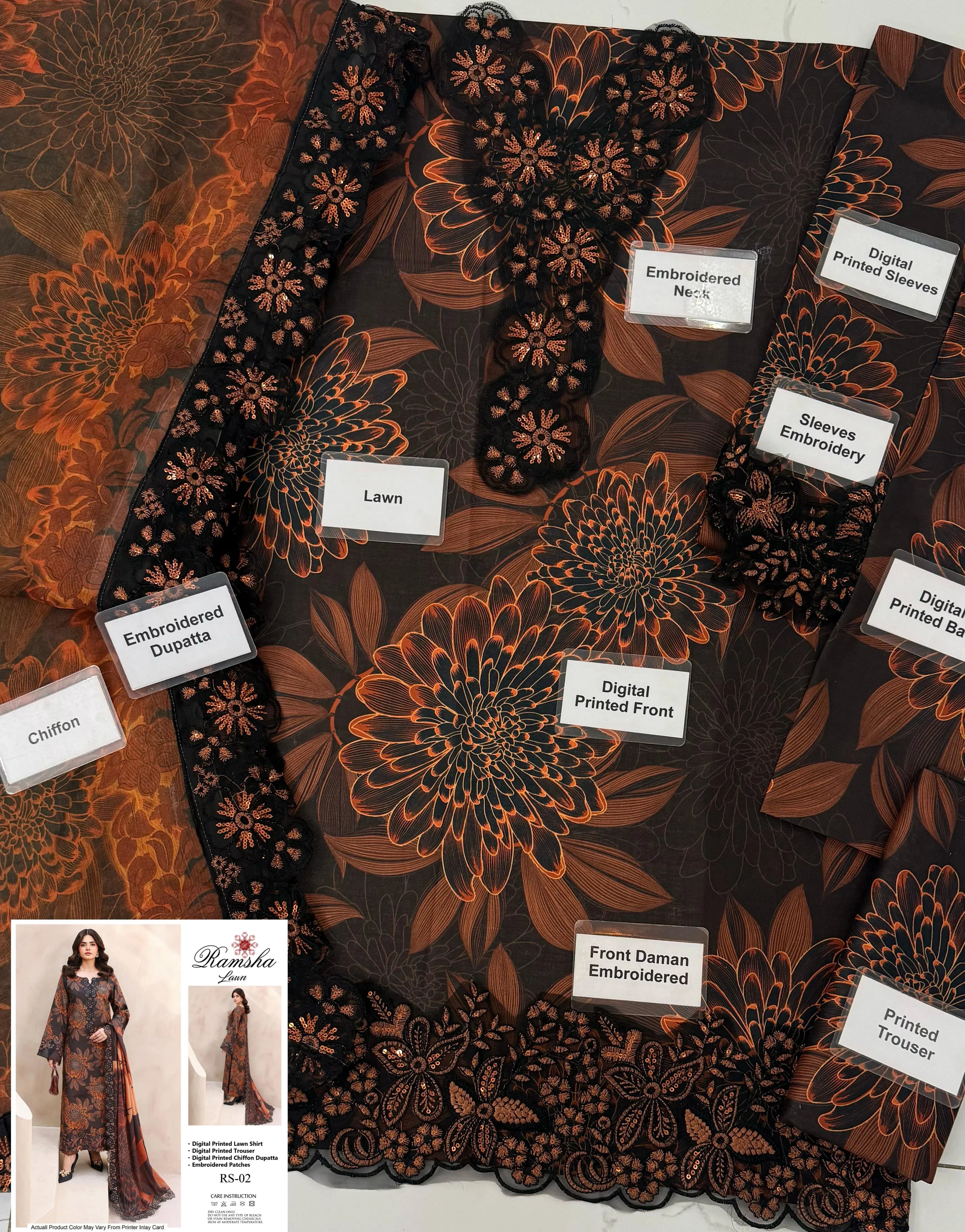 Black and copper floral digital print lawn suit with embroidered dupatta and neckline details, RS-02