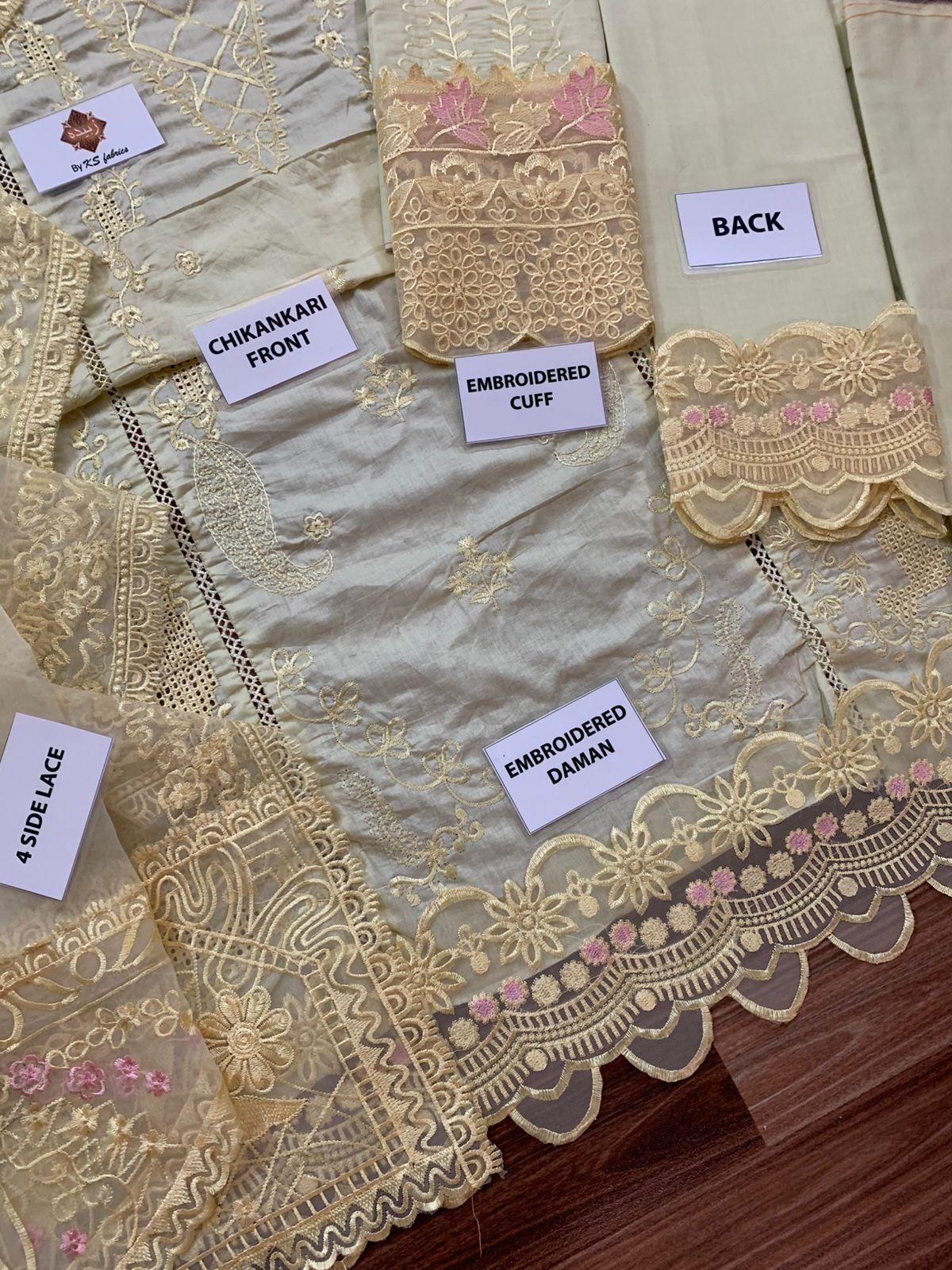 Chikankari front, embroidered cuff & daman, 4 side lace details on cream fabric with gold floral embroidery