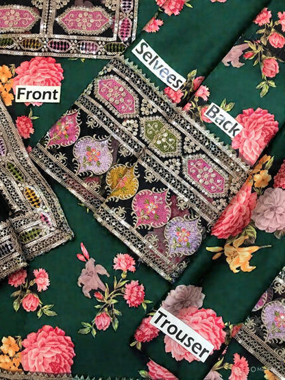 Aneelas Silk Digital Green Multi Embroidery 3piece Unstitched
