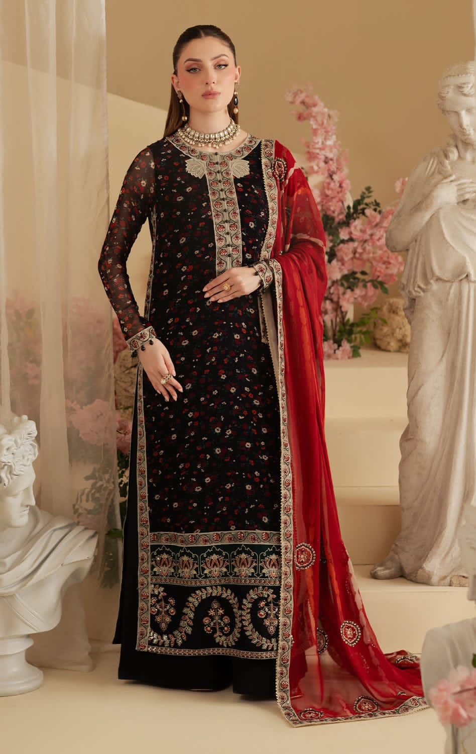 Nureh Black Chiffon Embroidery Formal Collection 3piece Unstitched