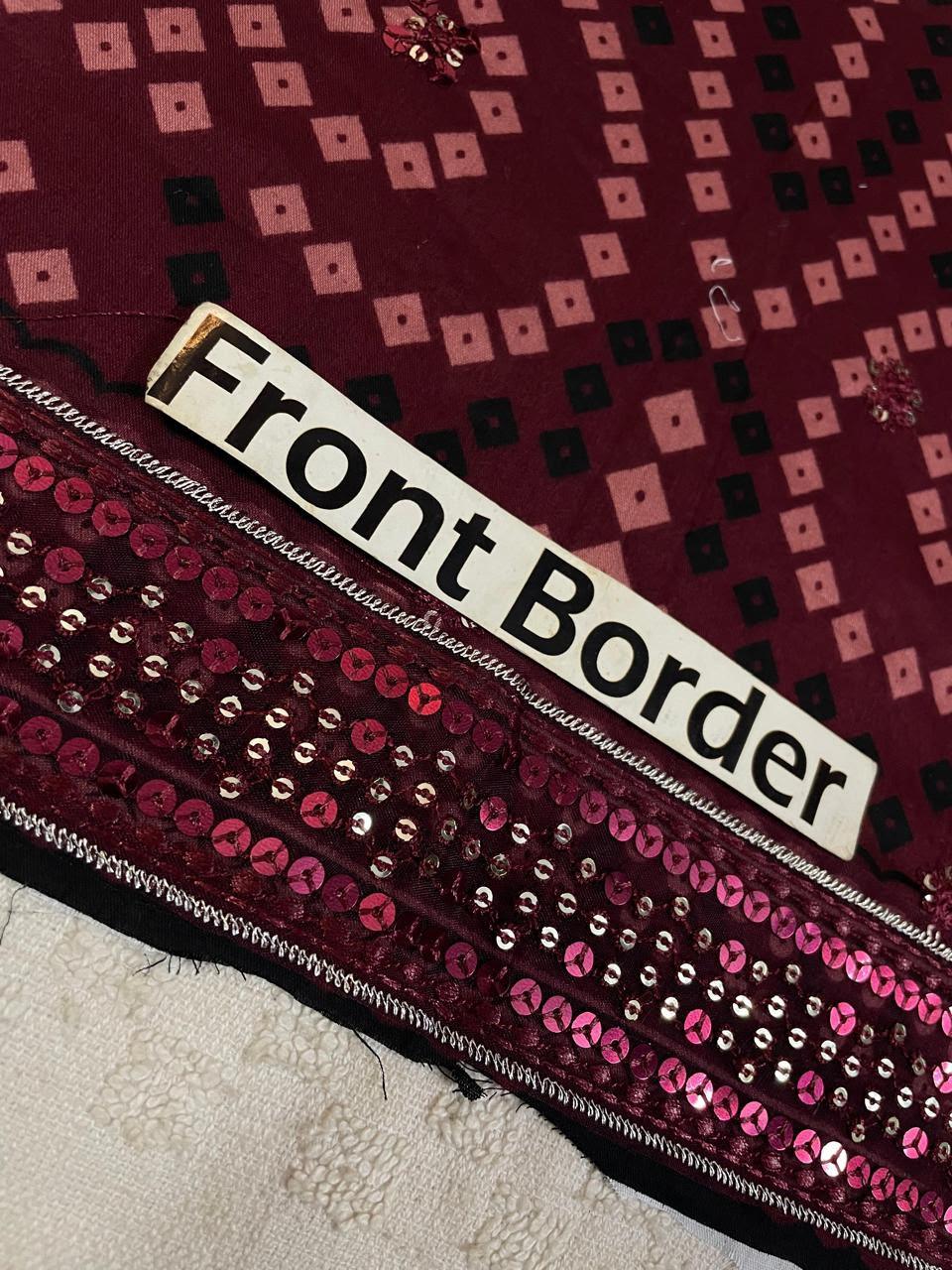 Maroon fabric with sequins and geometric pattern, labeled Front Border