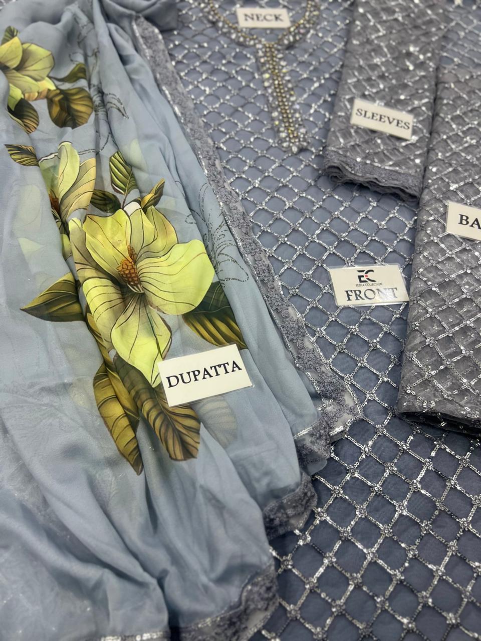 Lulusar Gray Soft Net Embroidery Luxury Collection 3piece Unstitched