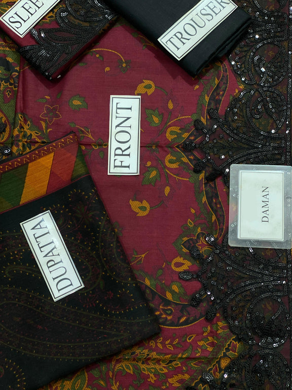 M.B Black & Rust New Arrival Printed Embroidery 3pc Unstitched Dress