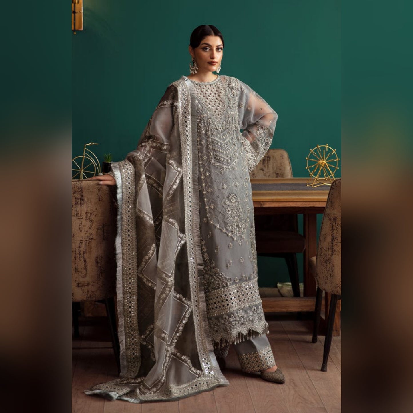 Eleshia Zarin Gray organza Wedding & Formals Collection 3piece Unstitched