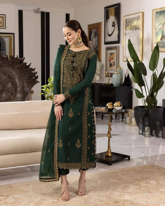 Asim Jofa Bottle Green Chiffon Formal Collection Embroidery Dress 3pc