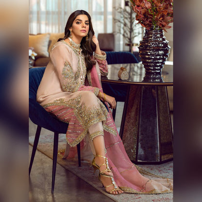 wedding collection Pink Party Wear Organza Dress 3pc Embroidrey Unstitched