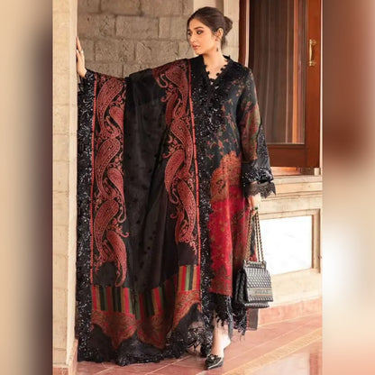 M.B Black & Rust New Arrival Printed Embroidery 3pc Unstitched Dress