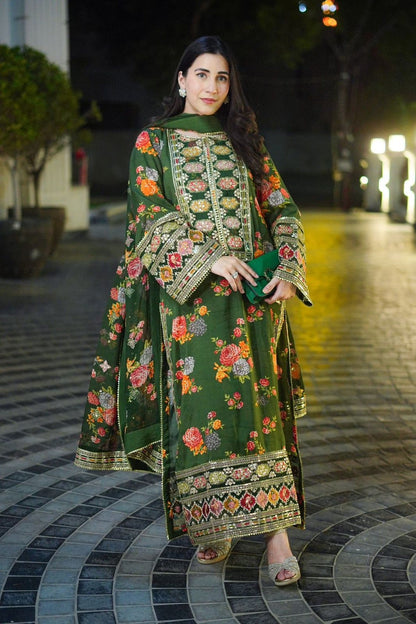 Aneelas Silk Digital Green Multi Embroidery 3piece Unstitched