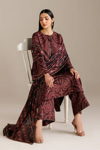 Elegant maroon printed kurta with geometric patterns, paired with matching palazzo and dupatta, styled for formal occasions.