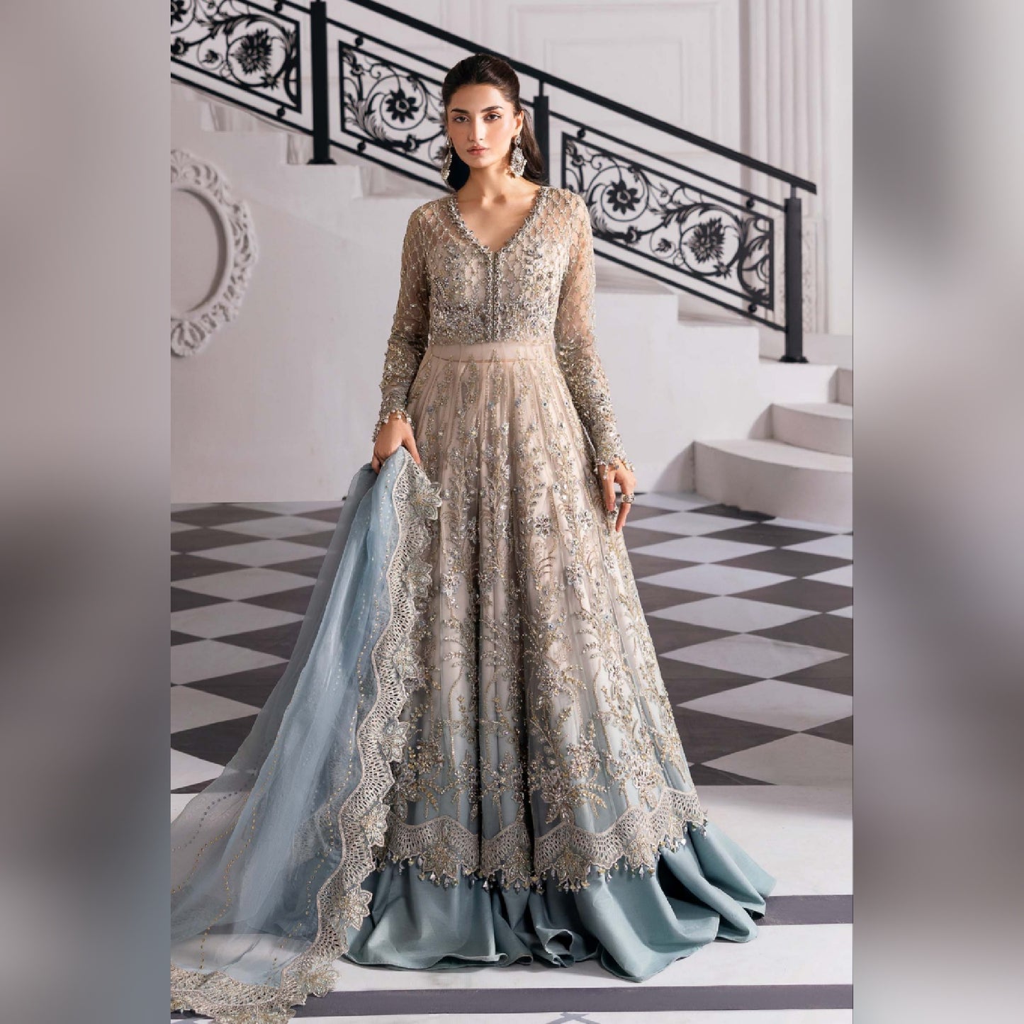 Maria b Gray Wedding Collection Maxi Soft Net Fabric Unstiched