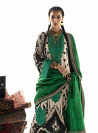 Elegant green and black embroidered traditional outfit with matching dupatta and gold jewelry
