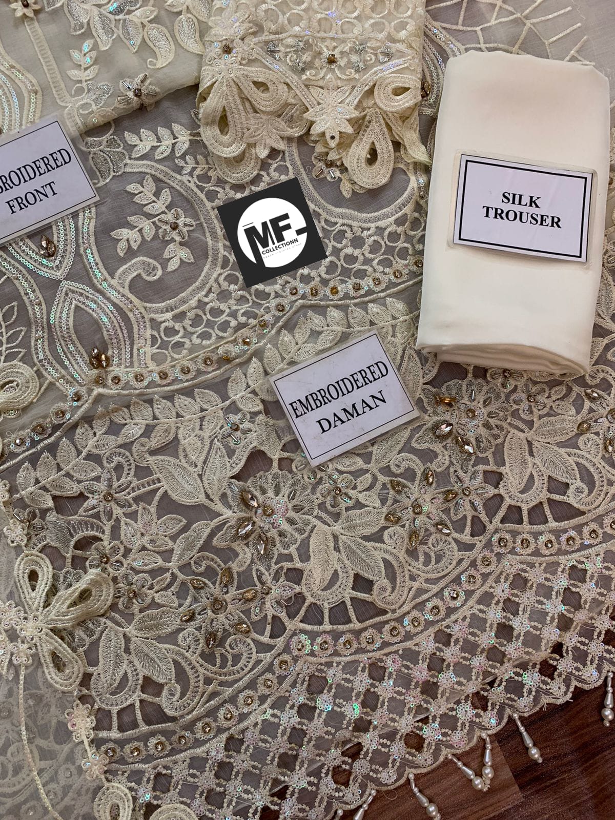 M.B Embroidered Off White Luxury Chiffon Dress 3piece Unstitched