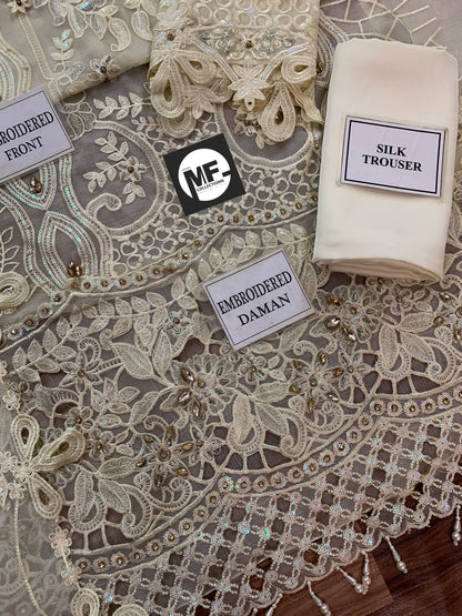 M.B Embroidered Off White Luxury Chiffon Dress 3piece Unstitched