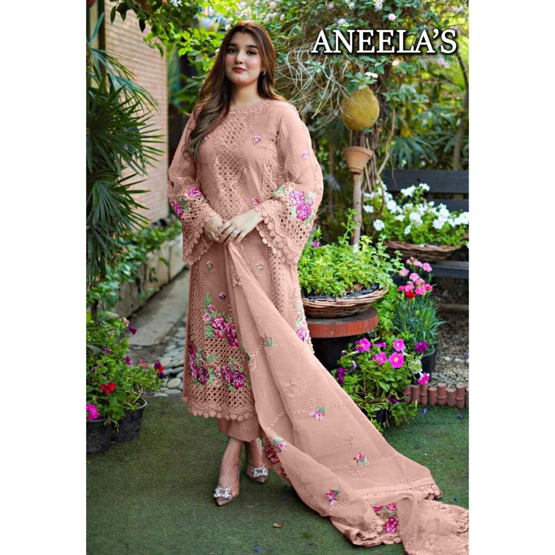 Aneelas T Pink organza Embroidery Formal Collection 3piece Unstitched