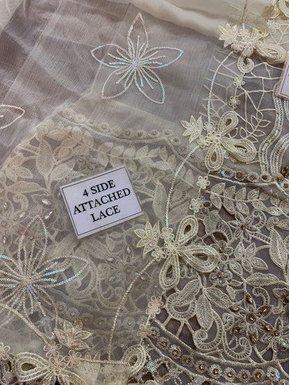 M.B Embroidered Off White Luxury Chiffon Dress 3piece Unstitched