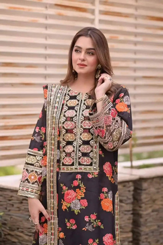 Aneelas Silk Digital Black Multi Embroidery 3piece Unstitched