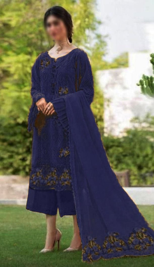 Zarqash Navy Blue Embroidery Lawn Chikankari Dress 3pc Unstitched